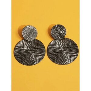 GUN BLACK TEXTURED ROUND GEOMETRIC DANGLE EARRINGS